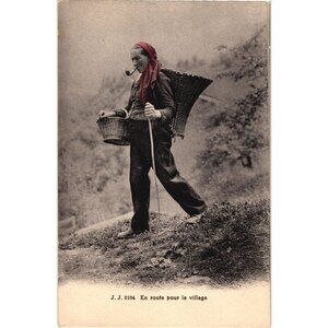 Vintage Postcard J J 8104 En Route Pour Le Village Woman With Baskets Pipe & Sti